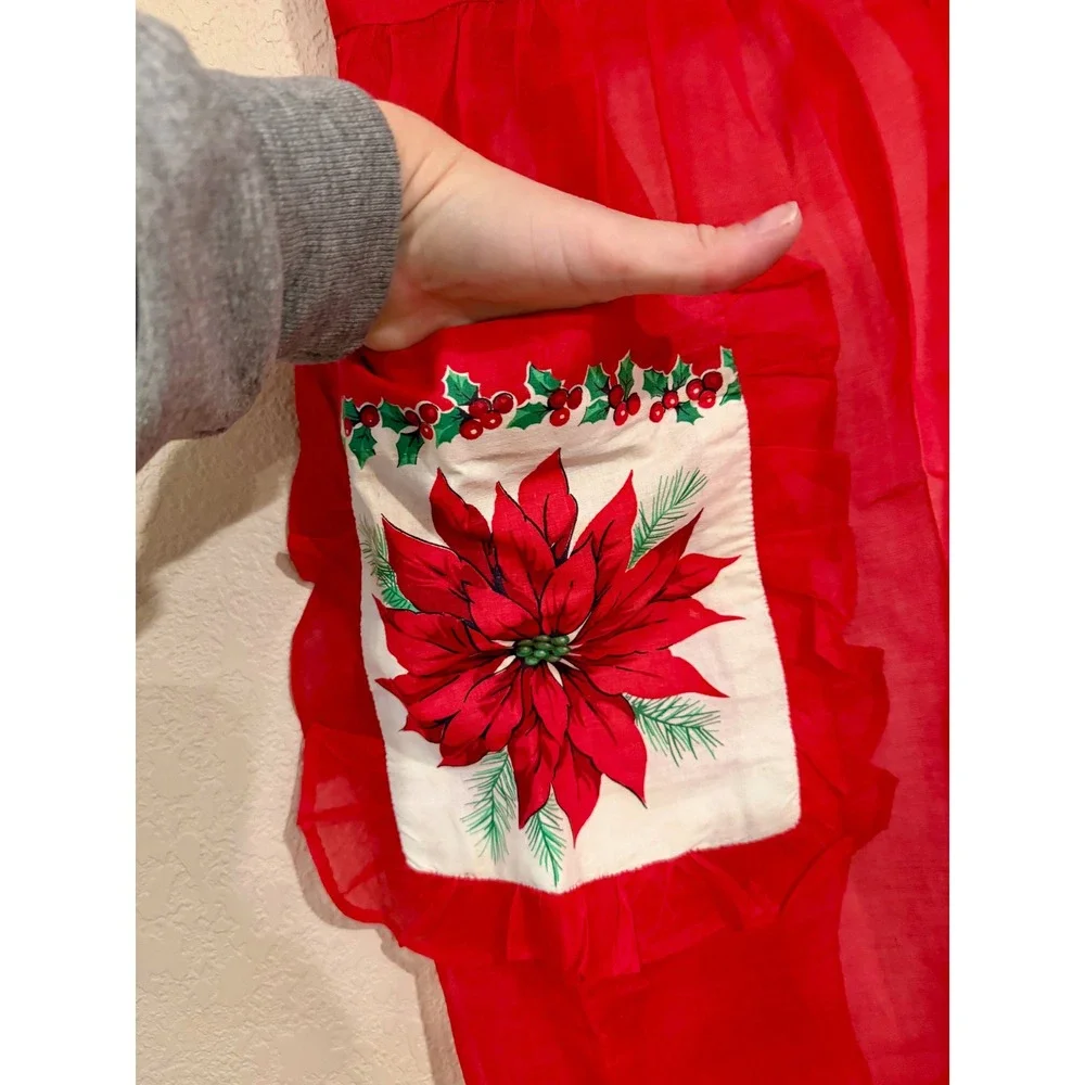 VTG‎ Red Organza Christmas Half Apron Poinsettia Pocket Ruffle Holiday Handmade